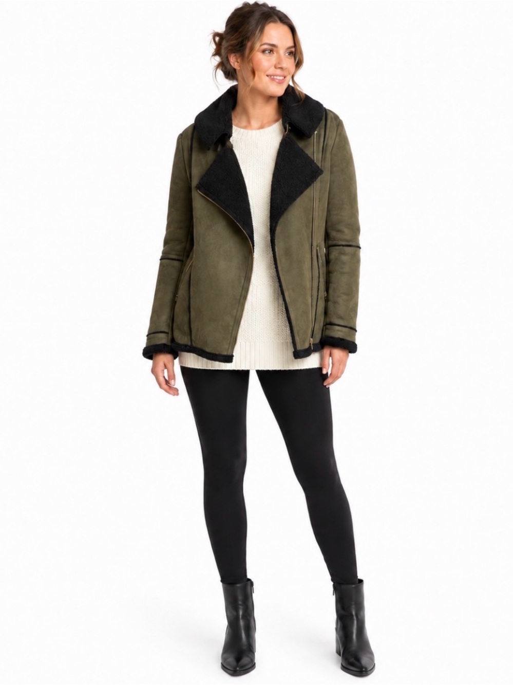 DO+BE, Olive Suede Jacket with Black Sherpa Trim, Size XL